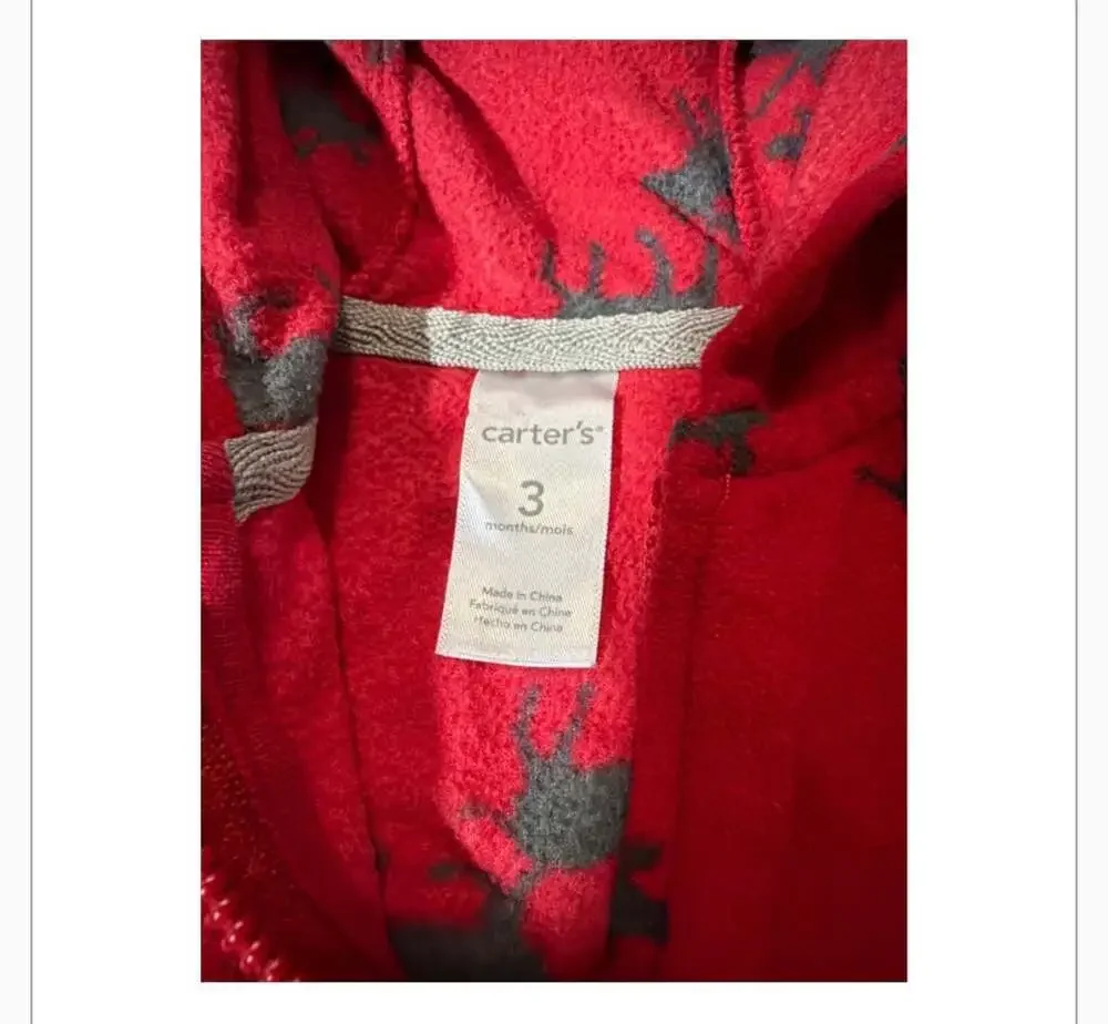 Carter's Red Fleece Moose Woodland Print Zip-Up Hoodie Jacket 3 Months